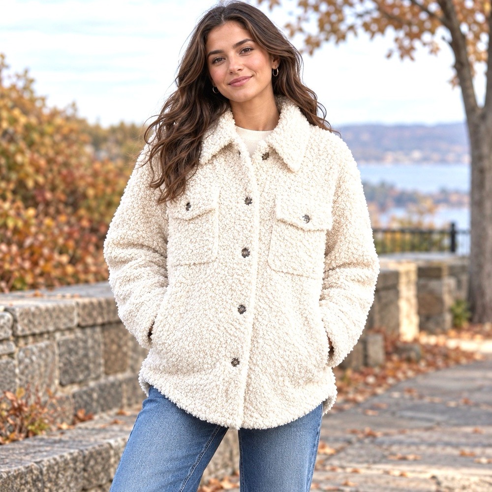 Blu Ivy Young Contemporary Nubby Sherpa Fleece Shacket Women's Medium Off White